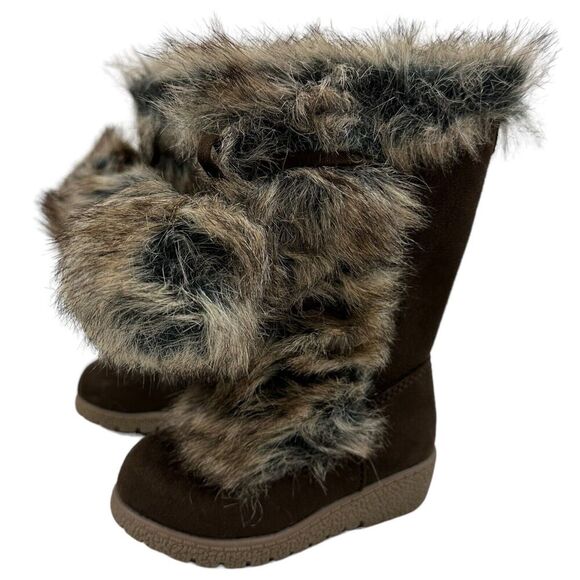 Old Navy Brown Faux Fur Lined Wedge Boots Pom Pom Side Zip Toddler Girls Sz 6 6C - Picture 1 of 9